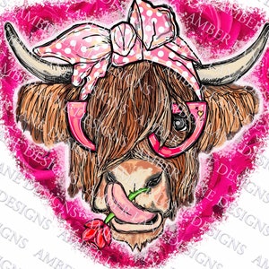 Valentines Highland Cow With a Rose, bandana and glasses  PNG | Hand Drawn | Sublimation PNG |