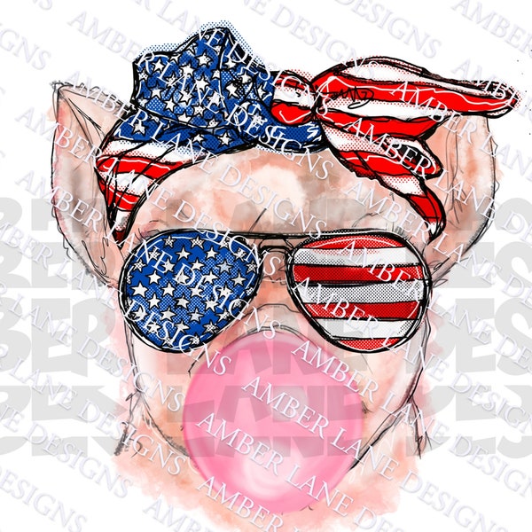 4th of July Pig Bubblegum PNG, Patriotic Pig Sunglasses Bandana Png, Sublimation Design