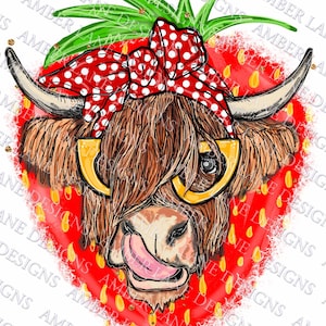 Strawberry Highland Cow bandana and glasses  PNG | Hand Drawn | Sublimation PNG |