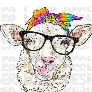 Sheep With Tie-Dye Bandana And Glasses PNG | Sheep Print png | Hand Drawn | Sublimation PNG |