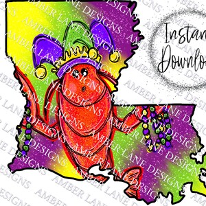 Carte de l'état de Louisiane Mardi, écrevisses de Mardi Gras avec chapeau de bouffon et perles, fichier png de homard