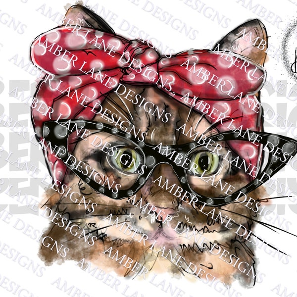 Cat With Glasses And bandana PNG| instant download |Sublimation Graphics | Cat Clipart  | Hand Drawn | Sublimation PNG |