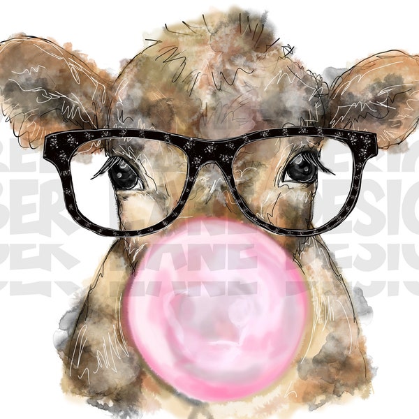 Cow with bubblegum  and Glasses  PNG | Hand Drawn | Sublimation PNG |