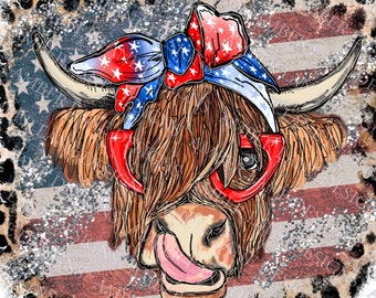 Highland Cow With 4th July bandana and glasses, USA flag and leopard,  PNG | Hand Drawn | Sublimation PNG |