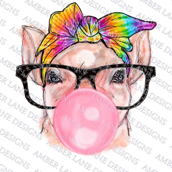 Cochon avec des lunettes et Tie Dye Bandana et bubblegum PNG | Dessiné à la main | Sublimation PNG |