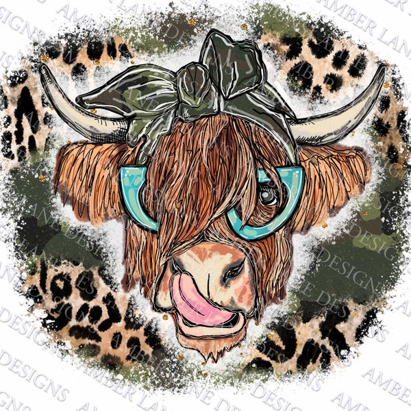 Rustic Scottish Cow Udderly Stylish Safari: Western Design Camouflage Couture Moo Highland Cow with Camo Leopard PNG