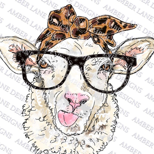 Sheep With Leopard Bandana And Glasses PNG | Sheep Print png | Hand Drawn | Sublimation PNG |