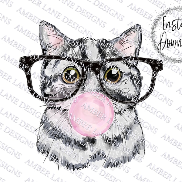 Cat blowing Bubble Gum With Glasses PNG instant download |Sublimation Graphics | Cat Clipart