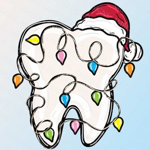 Tooth with Santa hat and and Christmas Fairy lights, dentist png, dental nurse digital file