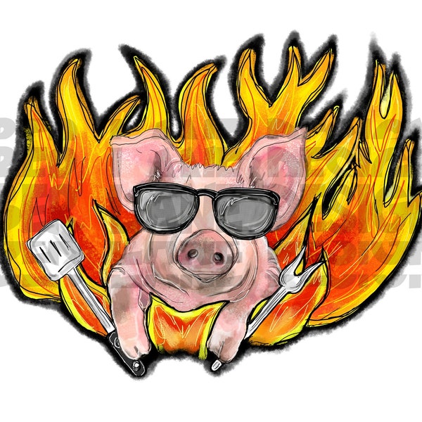 Pig BBQ Cooking PNG |  Flames | Cute pig png| Hand Drawn  |