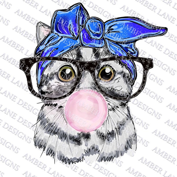 Cat blowing Bubble Gum With blue bandana and Glasses PNG instant download |Sublimation Graphics | Cat Clipart