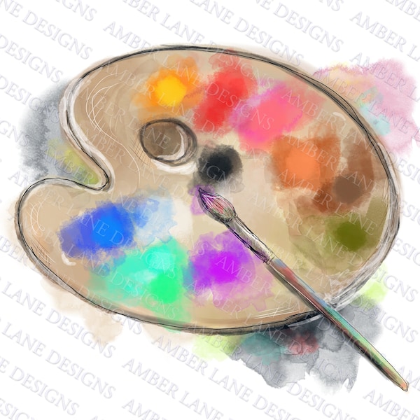 Artist Palette and Paintbrush,Artists palette watercolor clipart,INSTANT DOWNLOAD ,300ppi