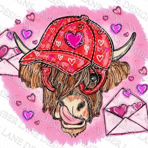 Boy Valentines Highland Cow con corazones y gorra de béisbol y cartas de amor png archivo envoltura de vaso