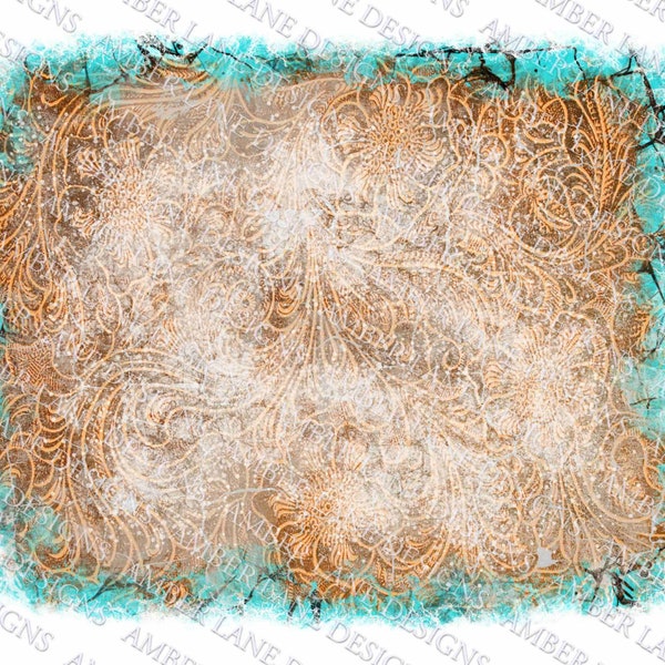 Distressed Tooled Leather and turquoise bleach background , png file