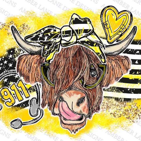 Police Dispatcher Highland Cow With Glasses and bandana png Design tumbler wrap
