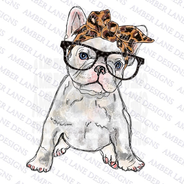 White French Bull Dog With Glasses And Leopard Print Bandana | Frenchie Dog | French Bull Dog png