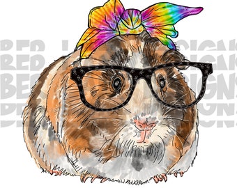 Guinea pig With Glasses And Tie Dye Bandana png | Hand Drawn | Sublimation PNG |