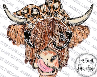 Leopard Luxe Bovine Elegance: Highland Cow PNG Hand Drawn Chic Cattle Couture