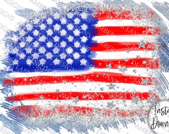 USA Flag with silver stars and denim ,PNG file, tattered flag