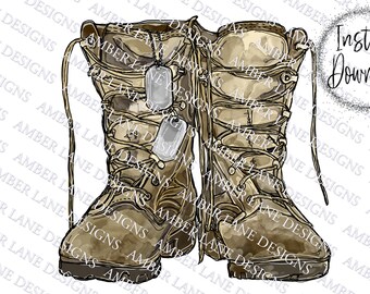 Army Boots With Dog Tags Combat Soldier 
