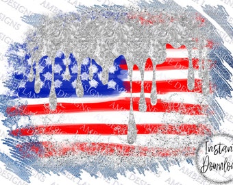 USA Flag with dripping silver and denim ,PNG file, tattered flag