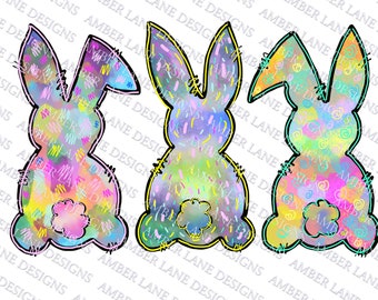 Three Rainbow Easter Bunny Butts Sublimation | PNG Design | Hand Drawn