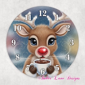 Reindeer with hot cocoa - Christmas clock- clock sublimation to fit 8&quot; x 8&quot; png file