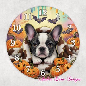 Frenchie dog puppy with bats and pumpkins- Halloween clock- Greek Mythology clock sublimation to fit 8&quot; x 8&quot; png file