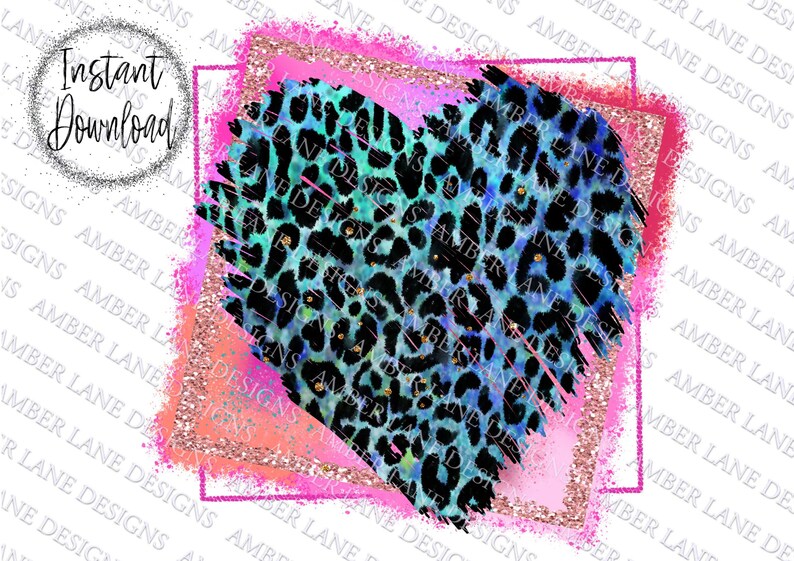 valentines Glitter frame Sublimation file Blue leopard heart PNG