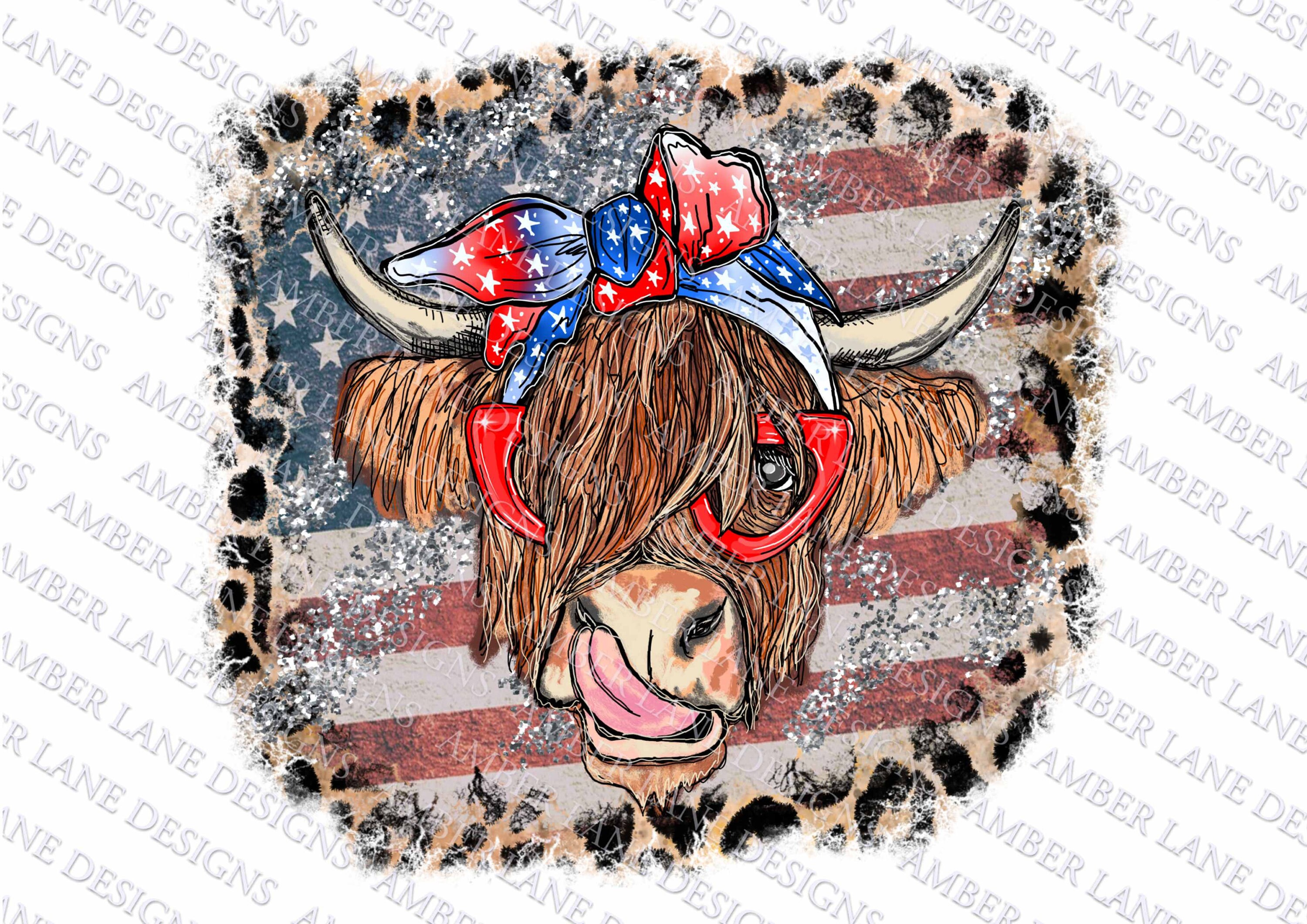 Highland Cow With 4th July bandana and glasses, USA flag and leopard