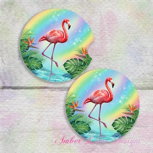 Pink Flamingo auto-onderzetters, één met en zonder uitgesneden sublimatie voor twee png-bestanden van 2,75 x 2,75 inch
