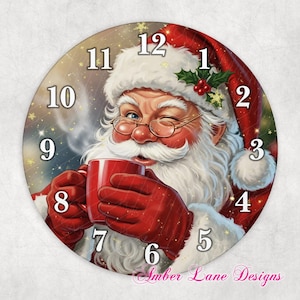 Santa claus with hot cocoa - Christmas clock- clock sublimation to fit 8&quot; x 8&quot; png file