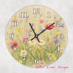 Horloge sublimation fleurs sauvages avec marguerites et coquelicots rouges pour un fichier png de 20 x 20 cm (8 po. x 20 po.)