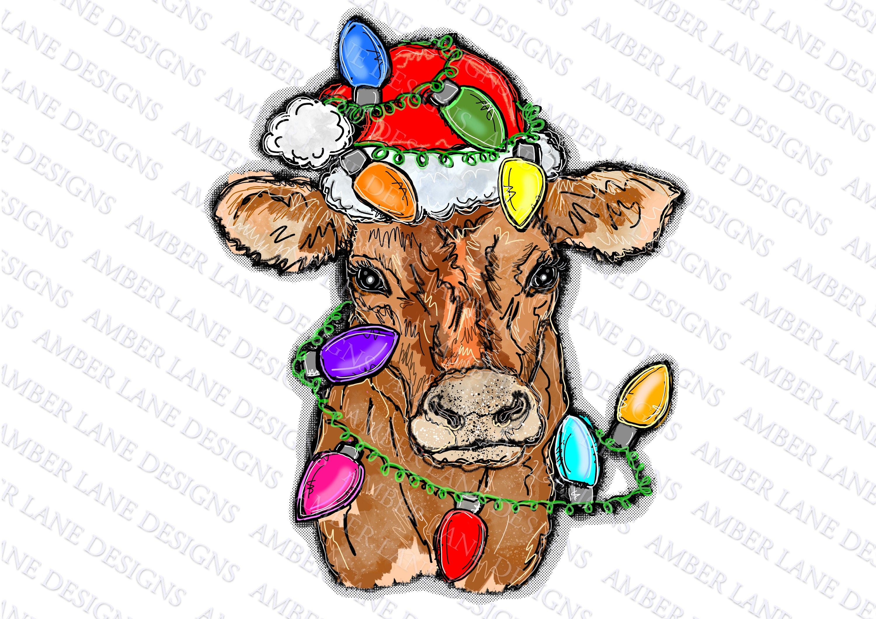 Cow with Santa hat and christmas lights PNG | Cow in Santa Hat