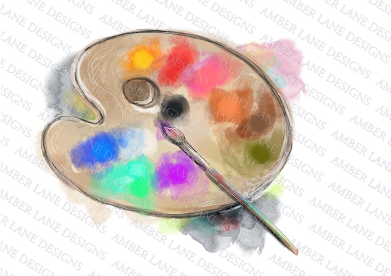Artist Palette and Paintbrush,artists Palette Watercolor Clipart,instant  DOWNLOAD ,300ppi 