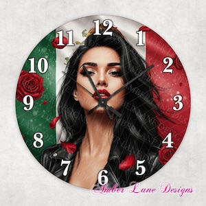 Reloj de sublimación de niña mexicana con bandera mexicana para archivo PNG de 8" x 8".
