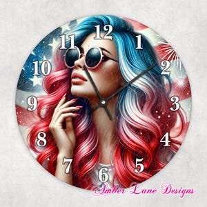 Reloj de sublimación rojo, blanco y azul de niña patriótica estadounidense, compatible con archivos PNG de 8" x 8".