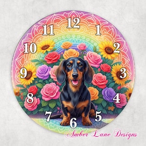 Dachshund Dog breed with mandala and flowers clock sublimation to fit 8&quot; x 8&quot; png file