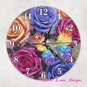 Rainbow glitter butterfly and roses clock sublimation to fit 8&quot; x 8&quot; png file