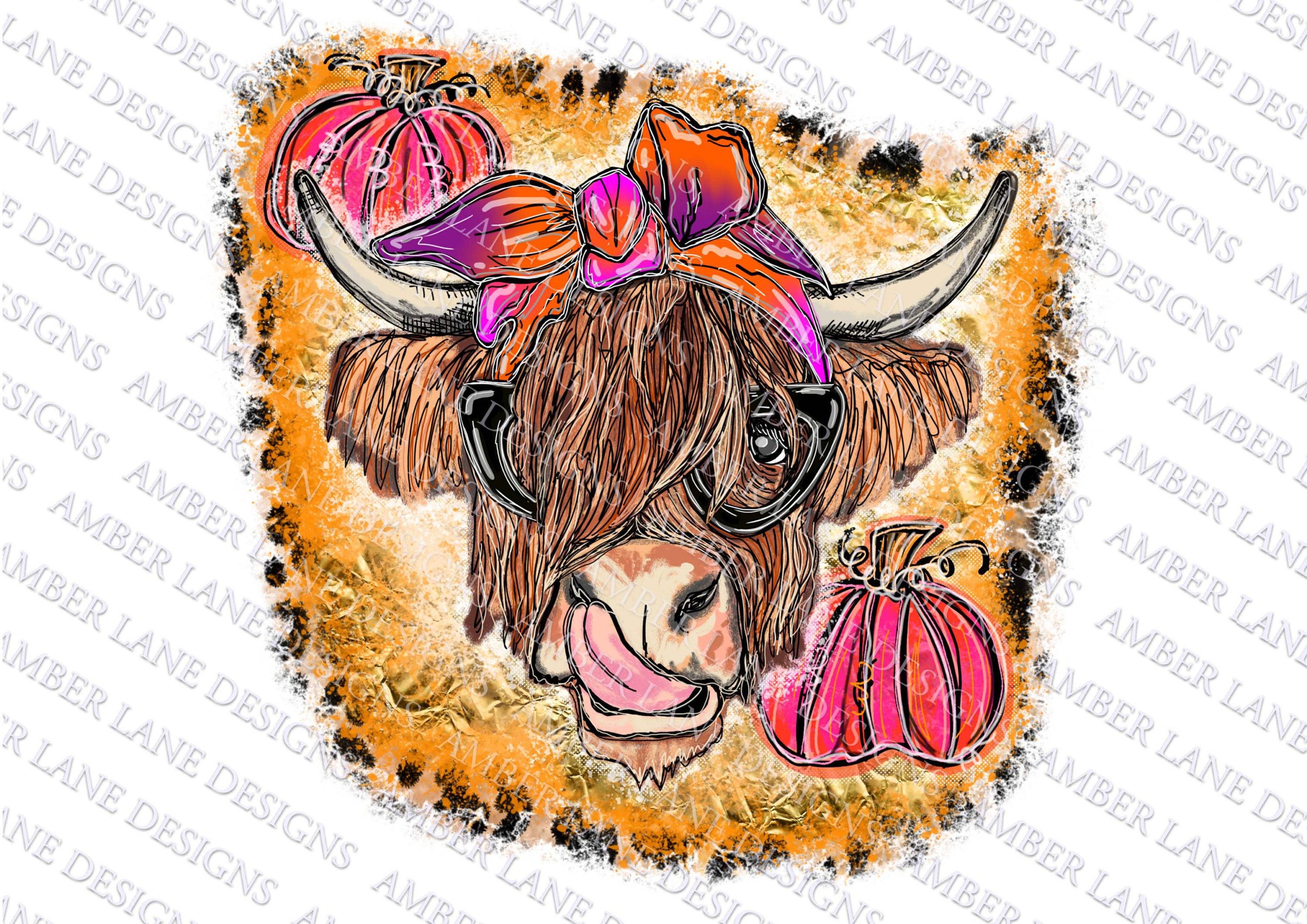 Fall Pumpkin Highland Cow bandana and glasses  PNG | Hand Drawn | Sub…