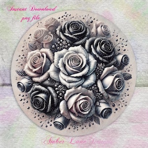 Posavasos redondo para café con rosas gitanas brillantes plateadas, apto para archivo PNG de 4,25 x 4,25 pulgadas
