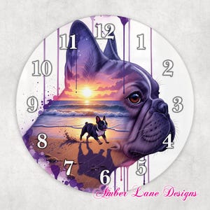 Sunset beach boho frenchie pup with flowers-clock sublimation to fit 8&quot; x 8&quot; png file