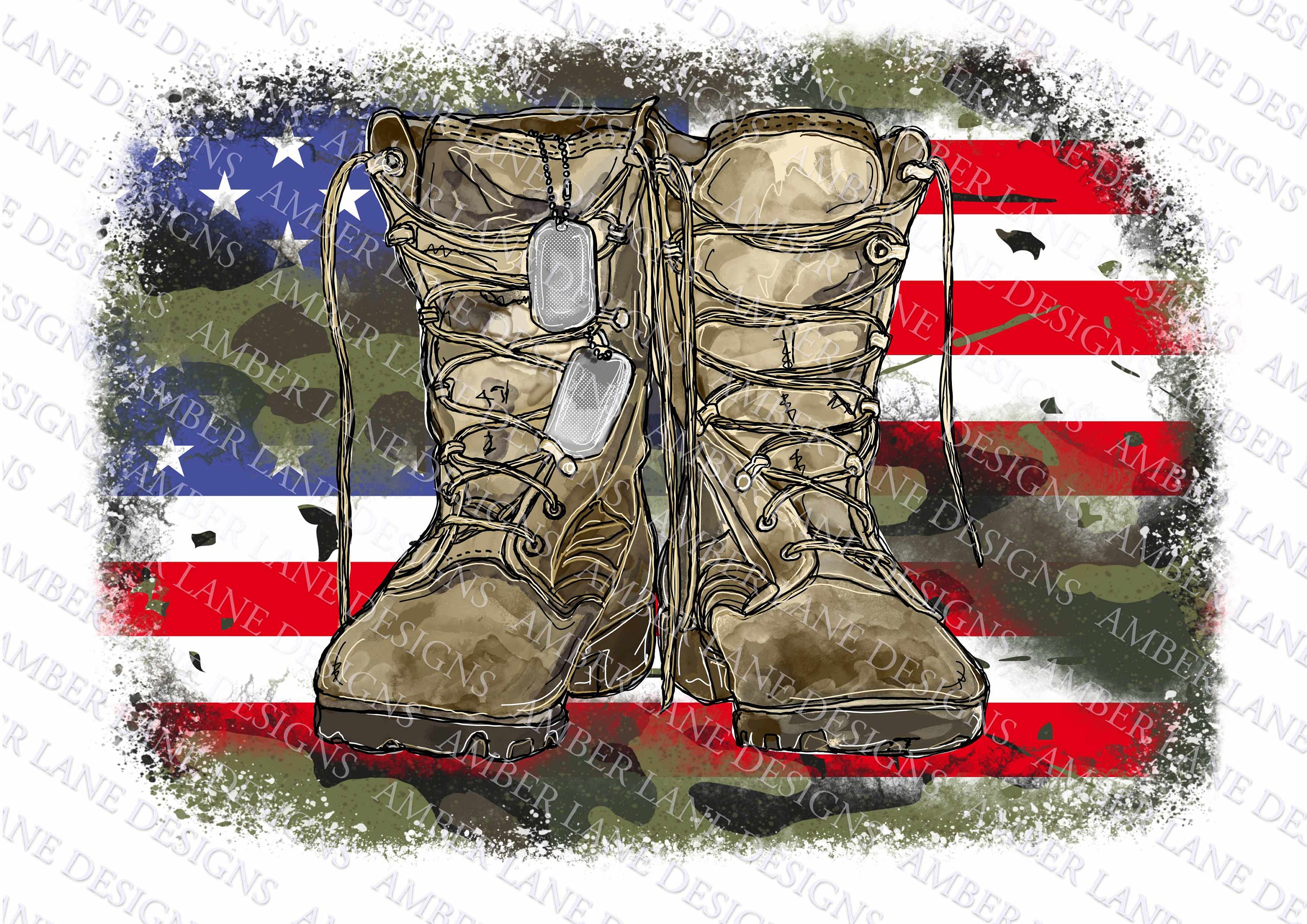 Army Boots With Dog Tags American Flag and Camouflage Print Png