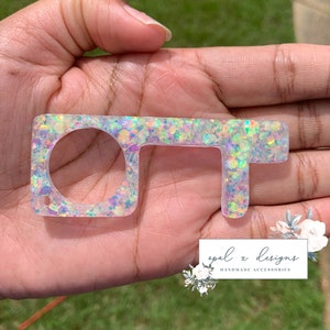 Purple Glitter Touch Free Door Opener and Button Pusher Keychain Germ Free Cootie Key Resin Touchless Tool