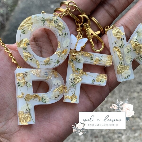 Initial Keychain With Flowers Etsy