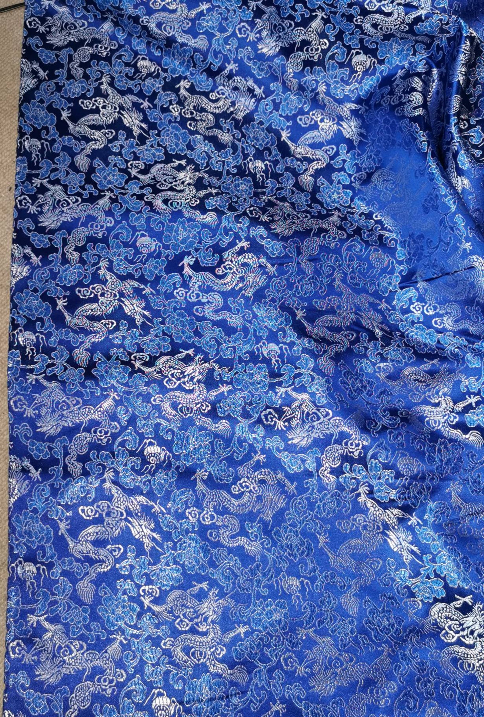 Satin royal blue jacquard brocade fabric with Chinese silver | Etsy