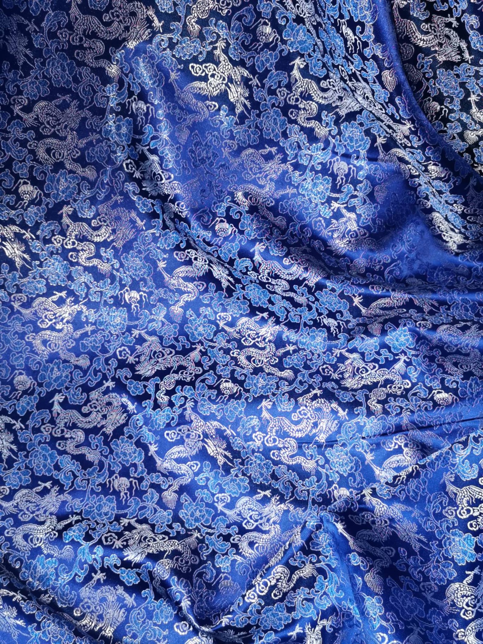 Satin royal blue jacquard brocade fabric with Chinese silver | Etsy