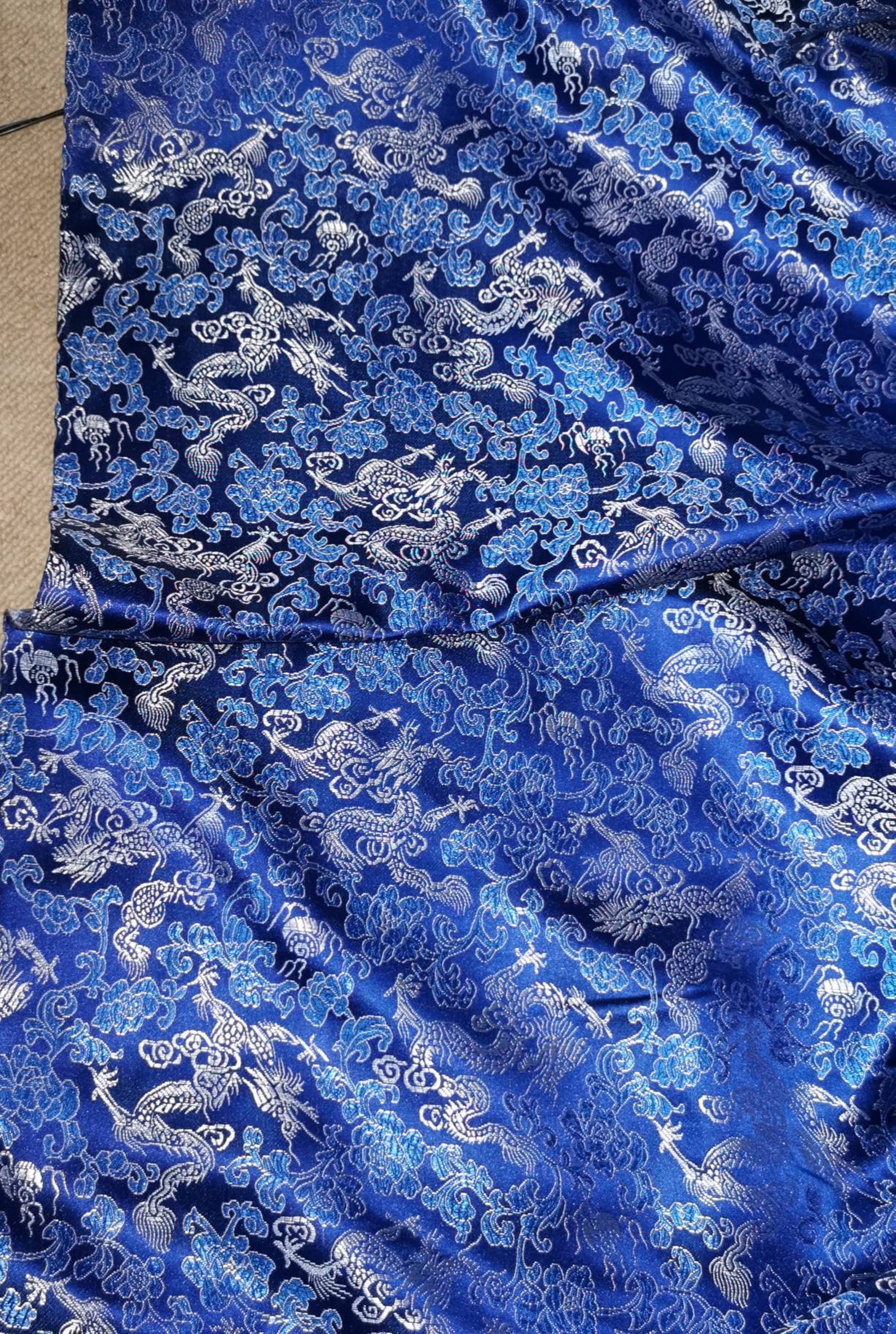 Satin royal blue jacquard brocade fabric with Chinese silver | Etsy