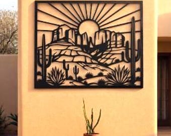 Southwestern Desert Landscape Metal Wall Art, Saguaro Cactus Rustic Metal Wall Decor,  Boho Arizona Mountain Silhouette, Sedona Ranch House