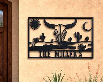 Southwest Desert Cow Skull Metal Wall Art, Personalized Western Cow Skull with Desert Landscape, Custom Longhorn Outdoor Sign, Ranch House